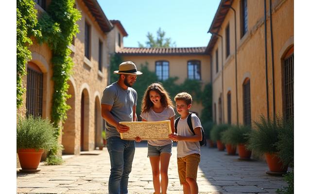 Család gyermekekkel egy toszkán dombvidék kastélyának udvarán